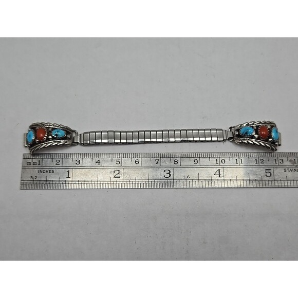 Native American Navajo Sterling Turquoise Coral Watch Tips With Expansion Band - Picture 4 of 11